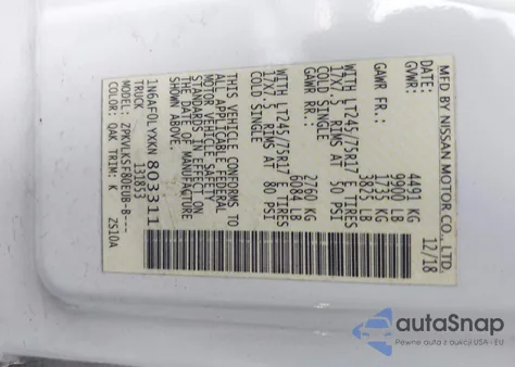 2019 Nissan Nv Cargo Nv3500 Hd Sl V8 из США, поврежденный, VIN 1N6AF0LYXKN803311